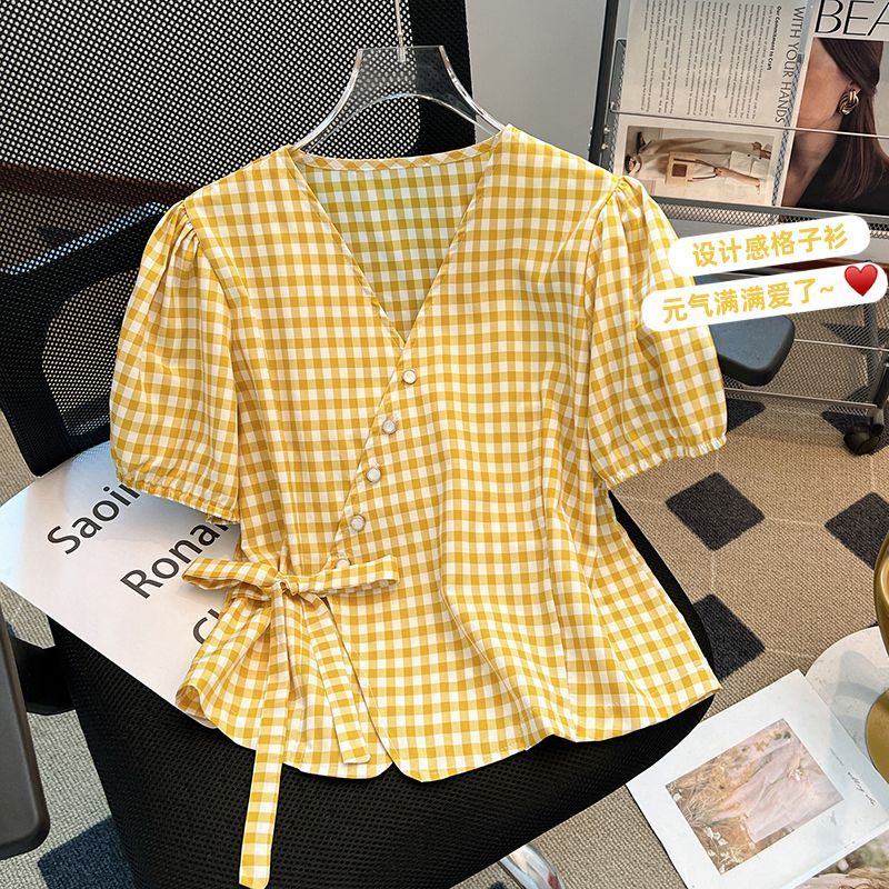 多巴胺火龙果色格子短袖V领正肩收腰短款衬衫女夏季小衫