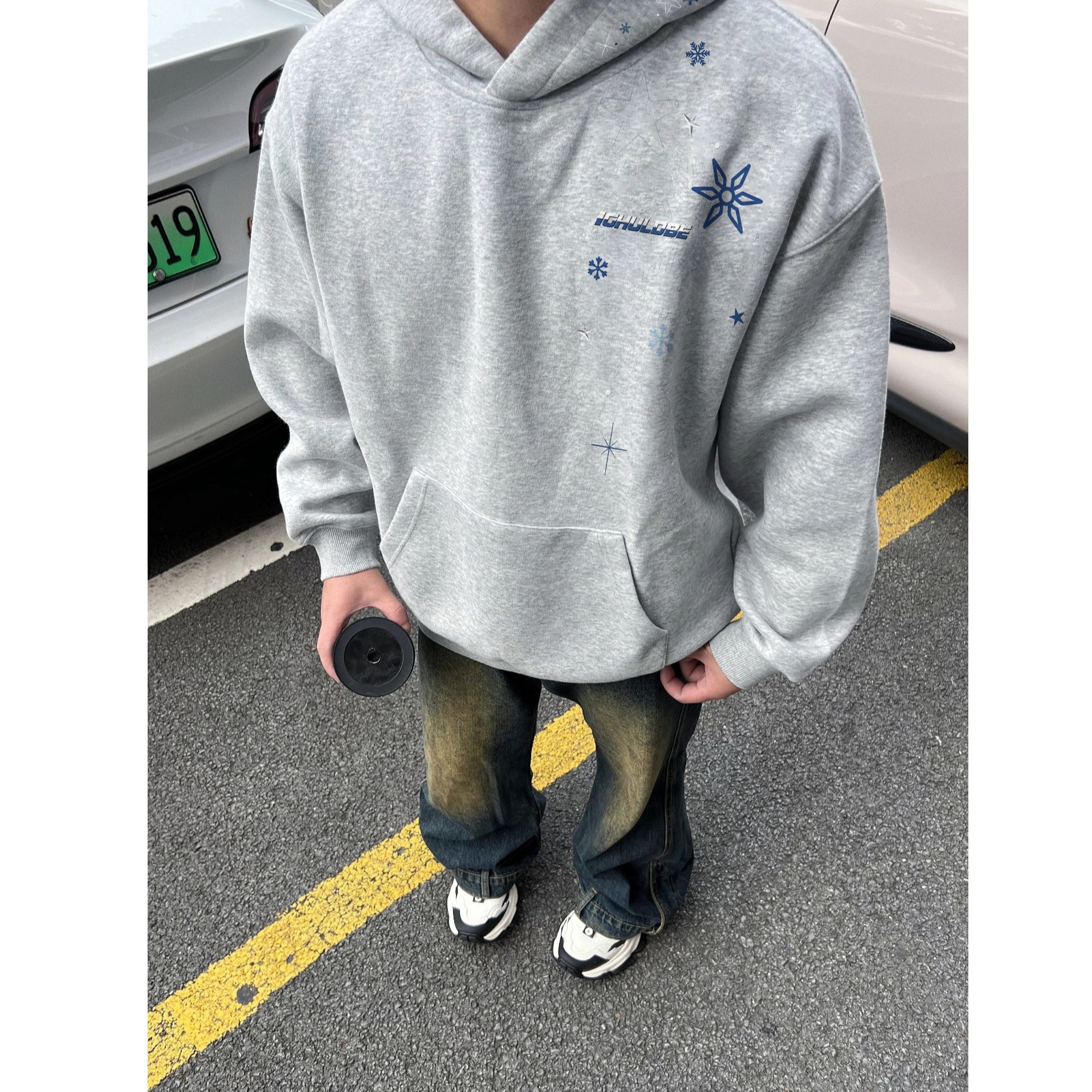 美式高街复古雪花星星连帽加绒卫衣女春秋设计感宽松百搭情侣上衣