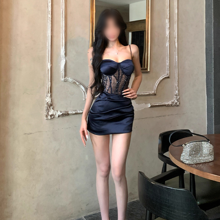 K12502轻奢纯欲风珠片网纱鱼骨吊带连衣裙女秋冬修身显瘦包臀短裙