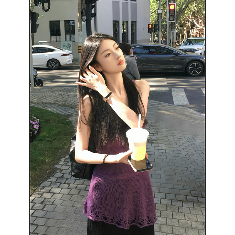 露背吊带背心收腰镂空设计百搭内搭上衣半身裙开叉不规则针织长裙