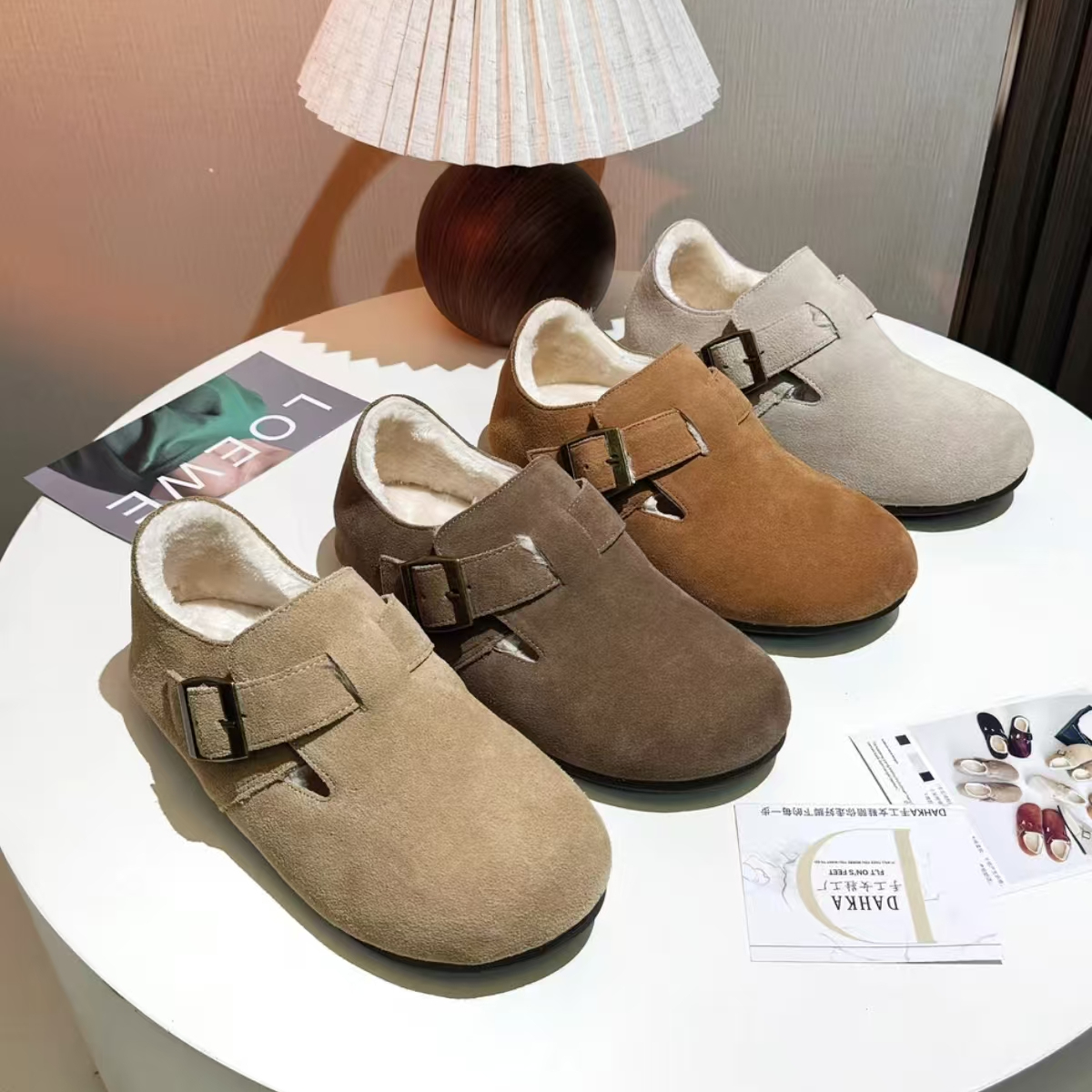 大码女鞋勃肯鞋41-43一脚蹬加绒勃肯鞋真皮平底1cm保暖棉鞋博肯鞋