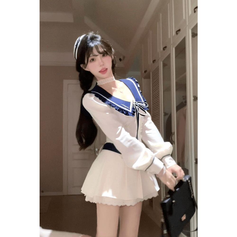 航海梦想家秋季学院风显瘦设计感长袖连衣裙甜美海军领短裙套装