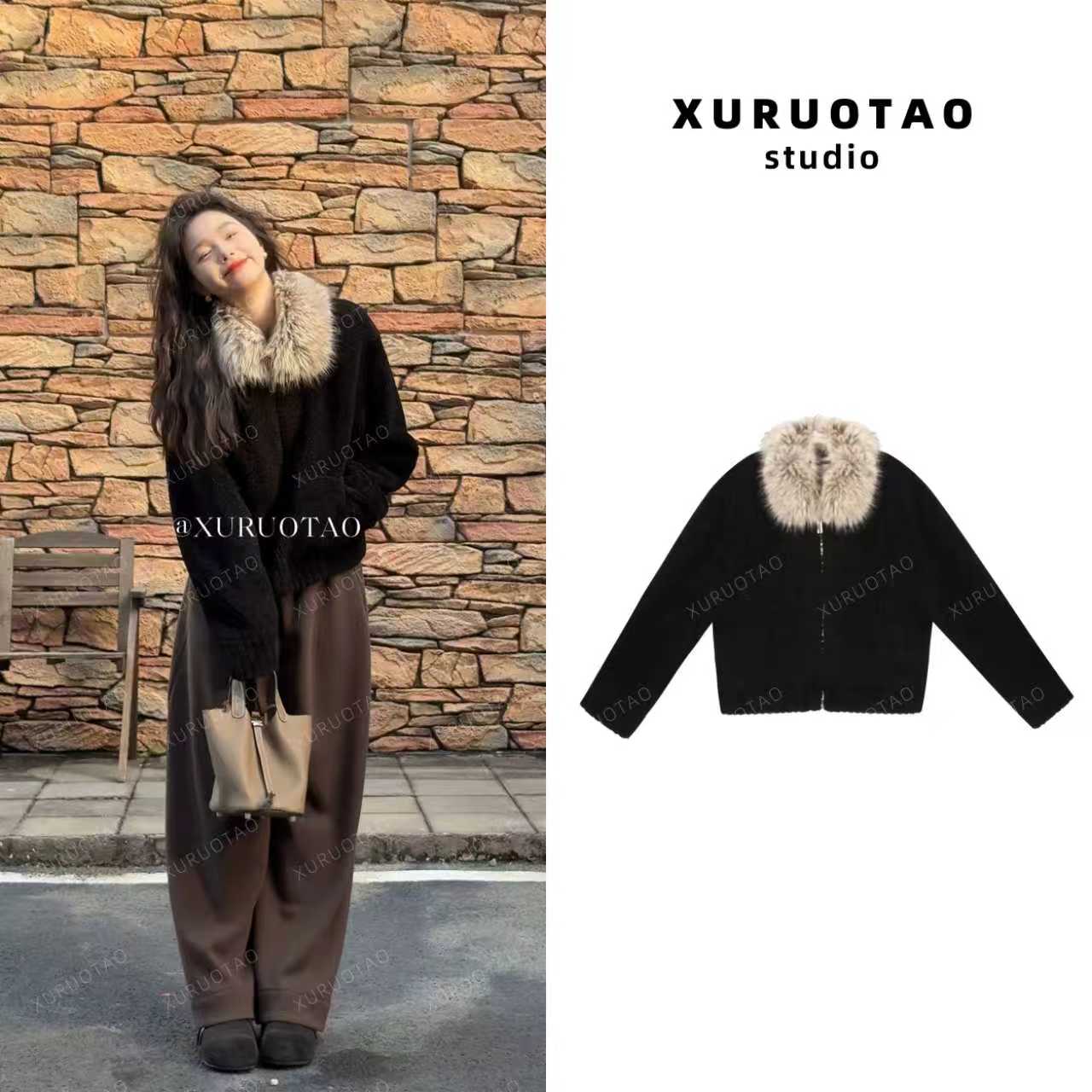 XURUOTAO【奥本海默】颗粒绒皮毛一体不可拆卸环保毛领外套 T5872