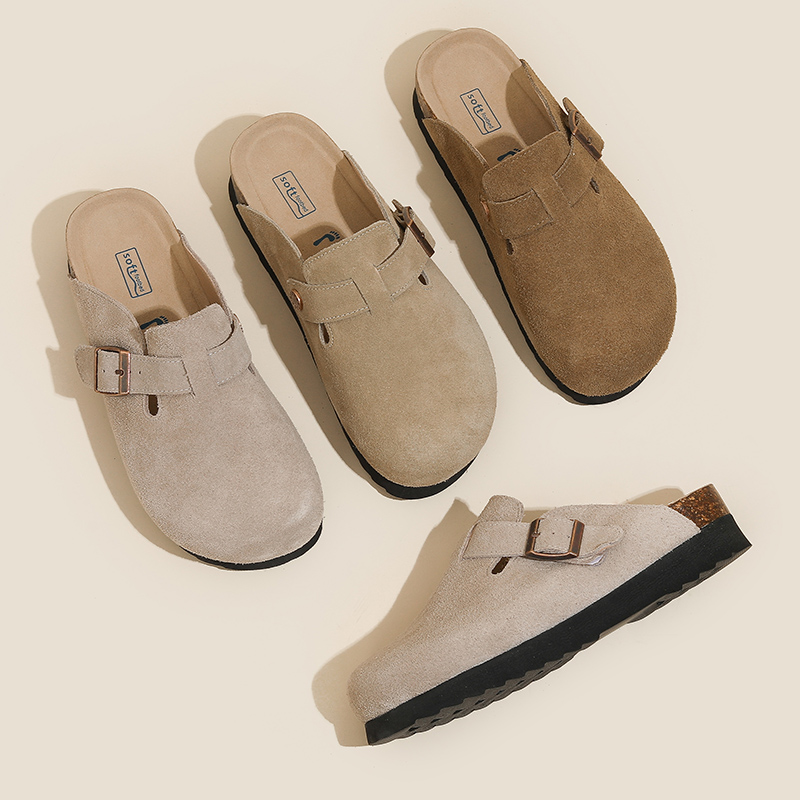 厚底勃肯鞋牛皮真皮软底鞋防滑复古室外半包拖鞋男女同款平底