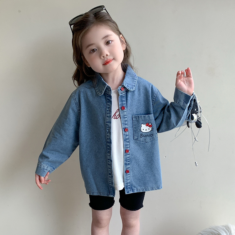 女童牛仔外套春秋款2025新款儿童卡通猫咪衬衫洋气小女孩薄款上衣
