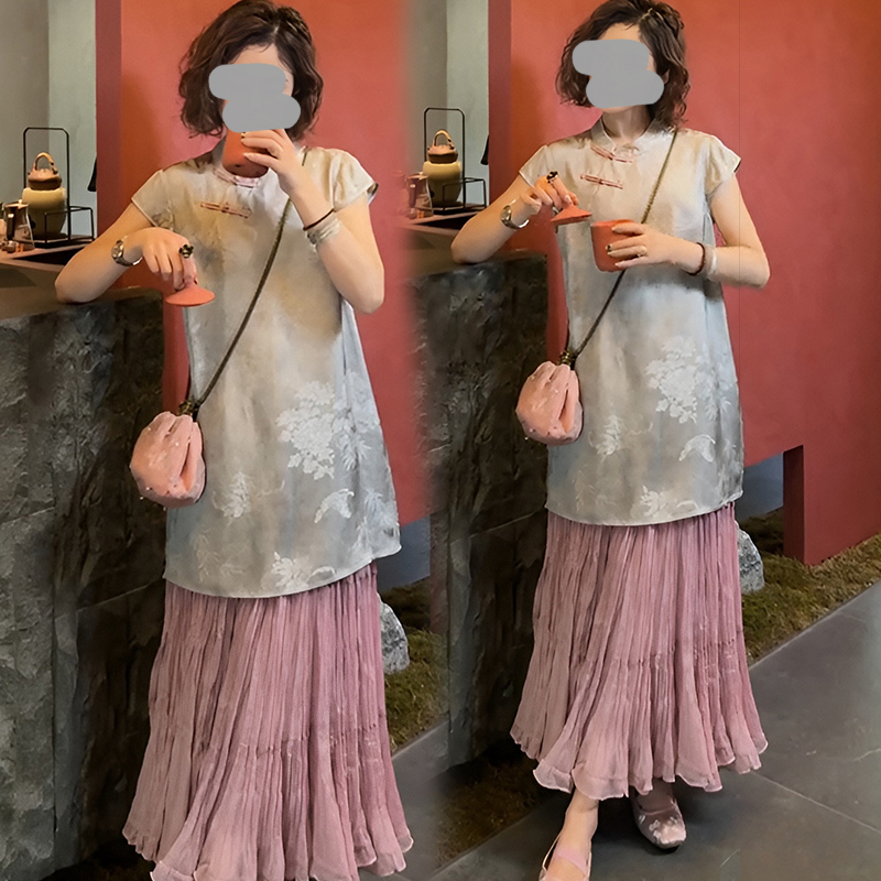 新中式改良斜襟盘扣上衣2025夏季新款显瘦百搭木耳边半身裙套装潮