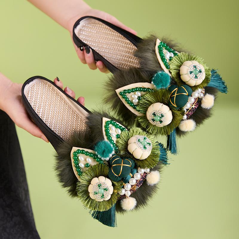 虎头鞋女成人春夏软底居家外穿复古绿色包头半拖鞋非遗手工绣花鞋