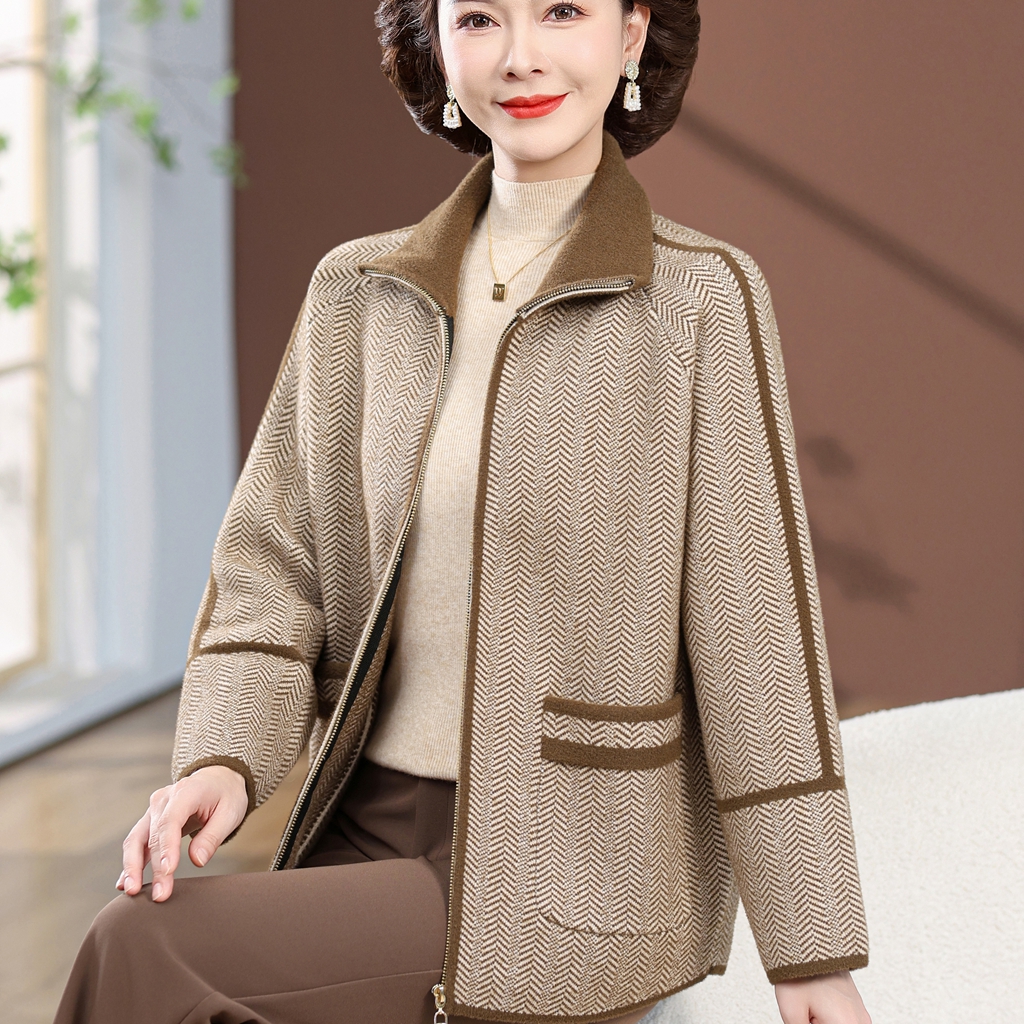 妈妈装秋装新款针织外套开衫翻领拉链长袖中老年女装春秋夹克上衣