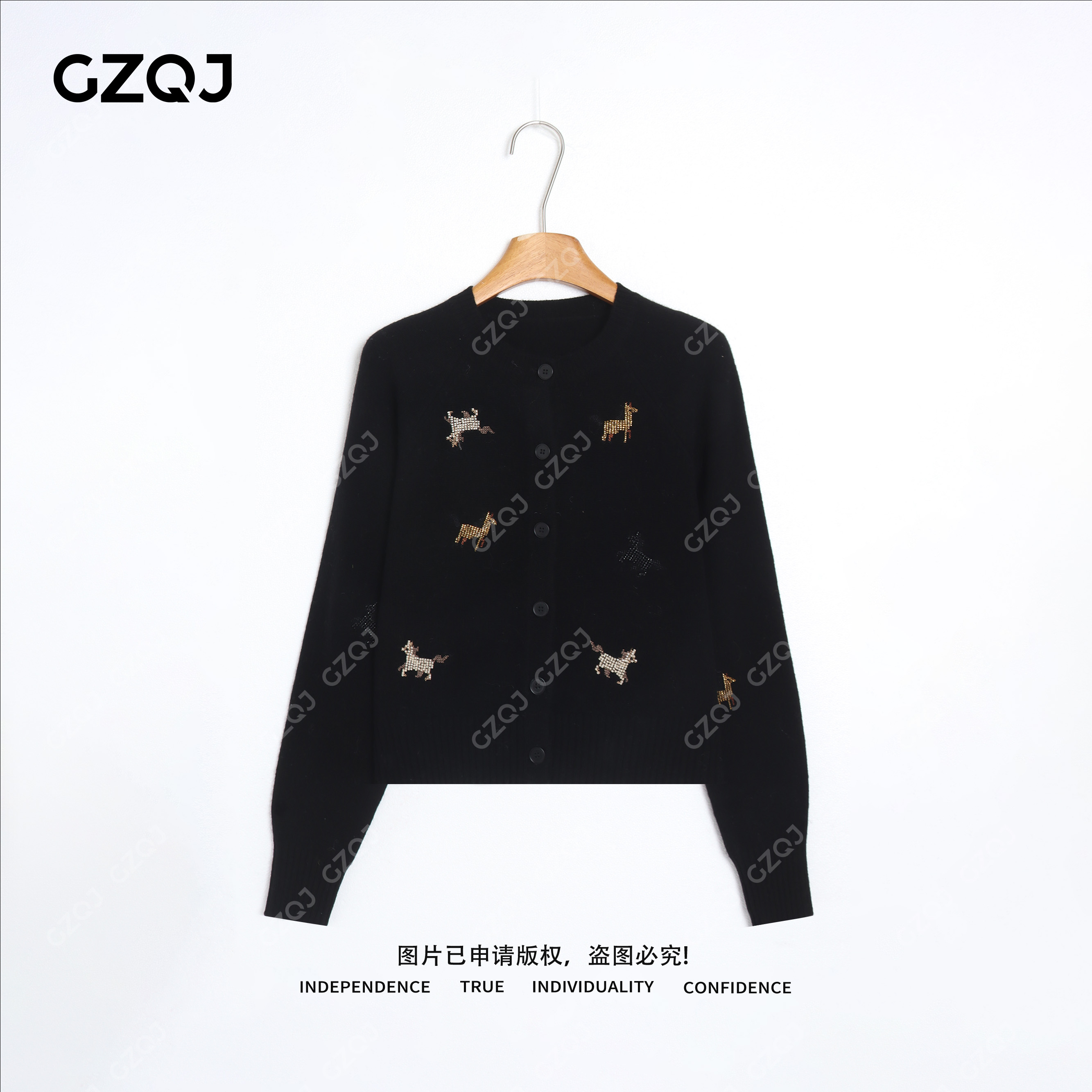 老琴私服【策马奔腾】100绵羊毛时尚气质刺绣圆领针织开衫女冬70057