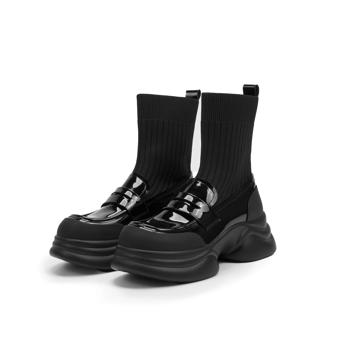 高帮乐福鞋休闲圆头休闲风女靴厚底黑色高跟秋季百搭瘦瘦靴飞织