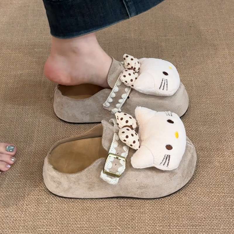 可爱卡通KT猫休闲女生拖鞋秋冬季外穿复古厚底舒适百搭包头拖鞋潮