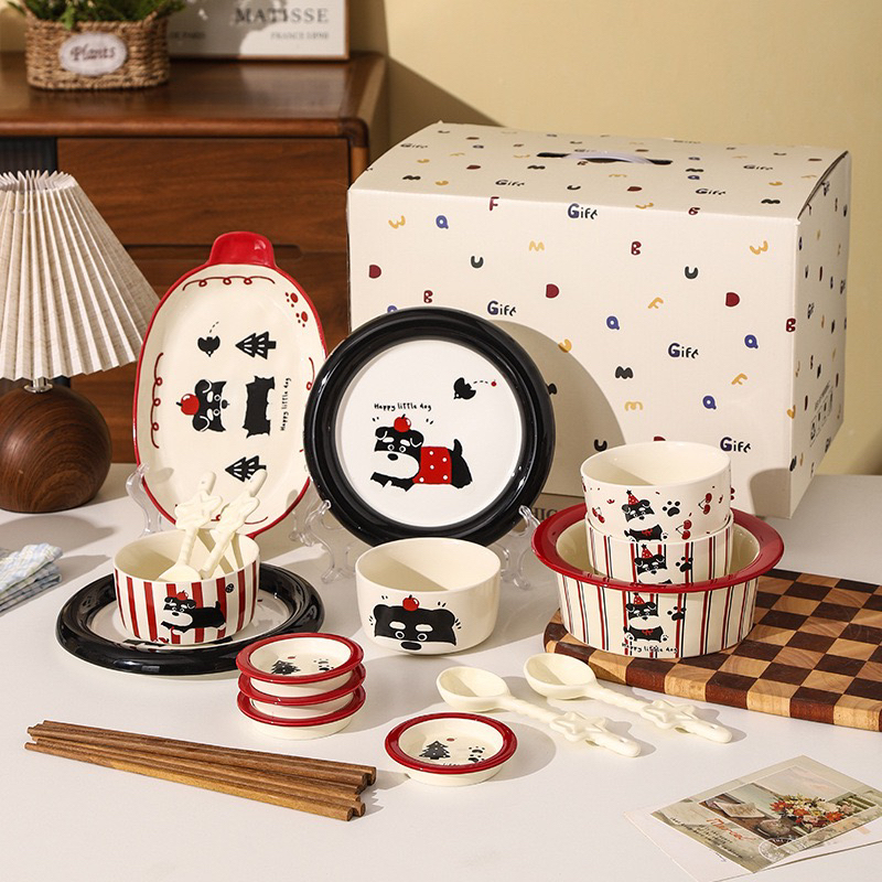 雪纳瑞系列20件套组卡通高颜值小狗碗碟盘乔迁伴手礼