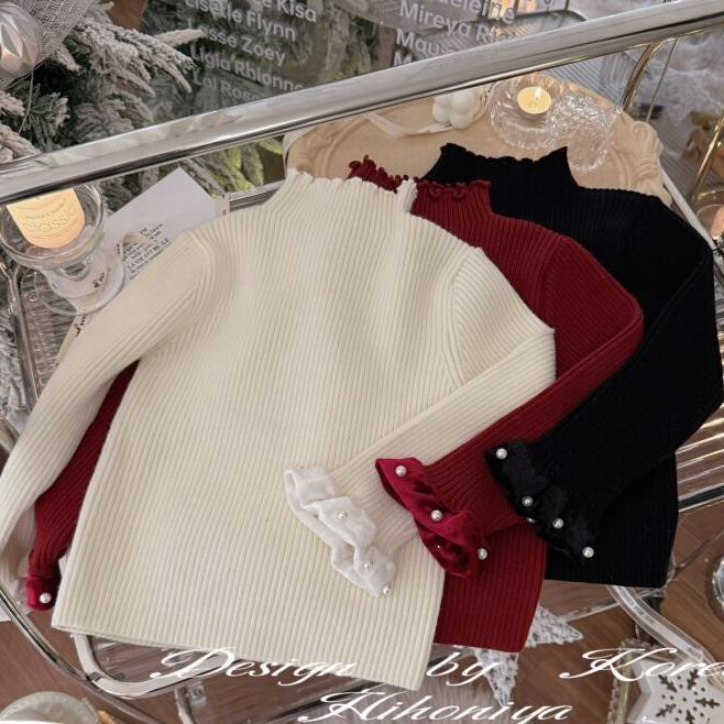 韩国童装2025冬季宝宝款珍珠木耳袖口女童韩版圆领套头针织打底衫