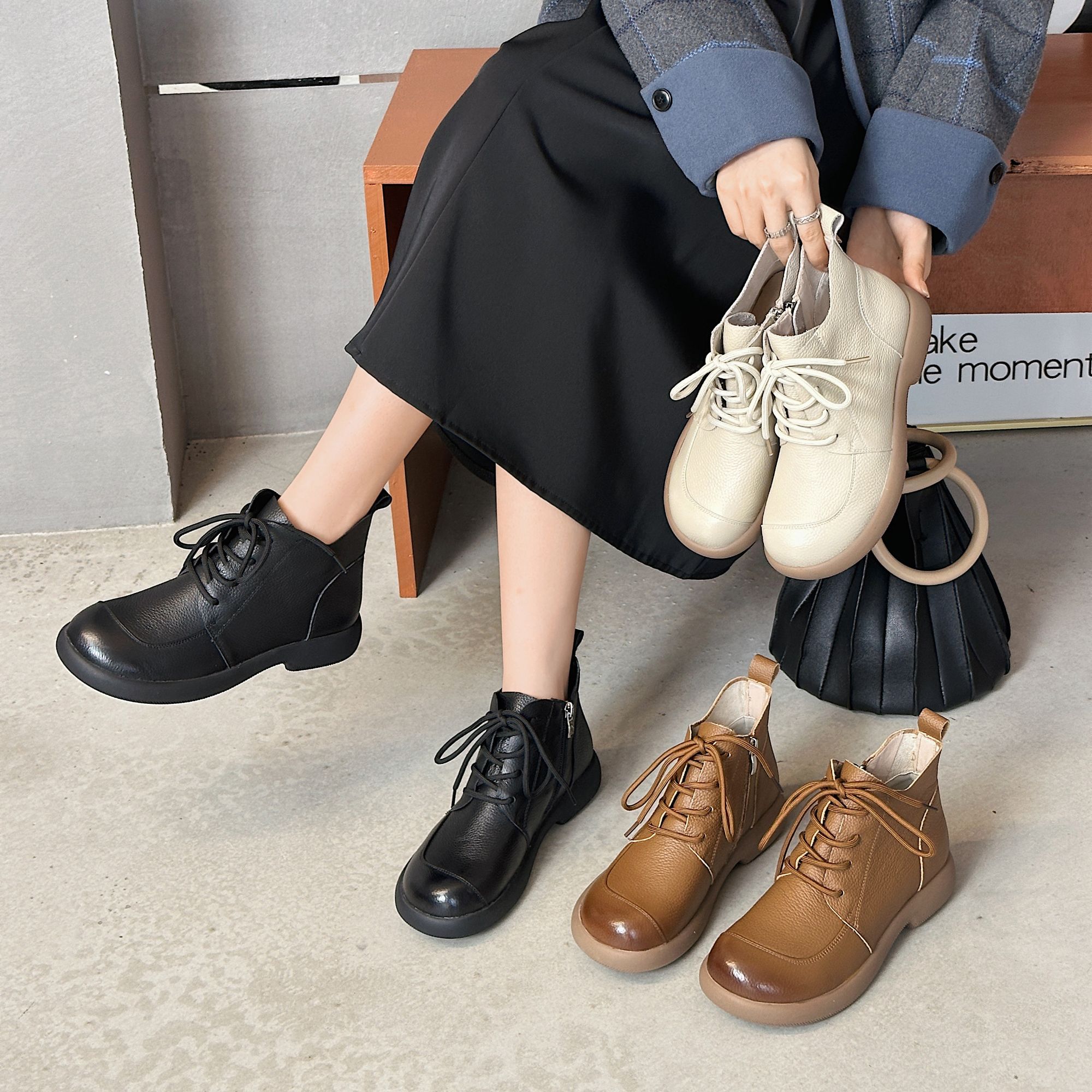 头层牛皮英伦风休闲秋冬平跟防滑女侧拉链马丁靴单靴高帮平底棉鞋