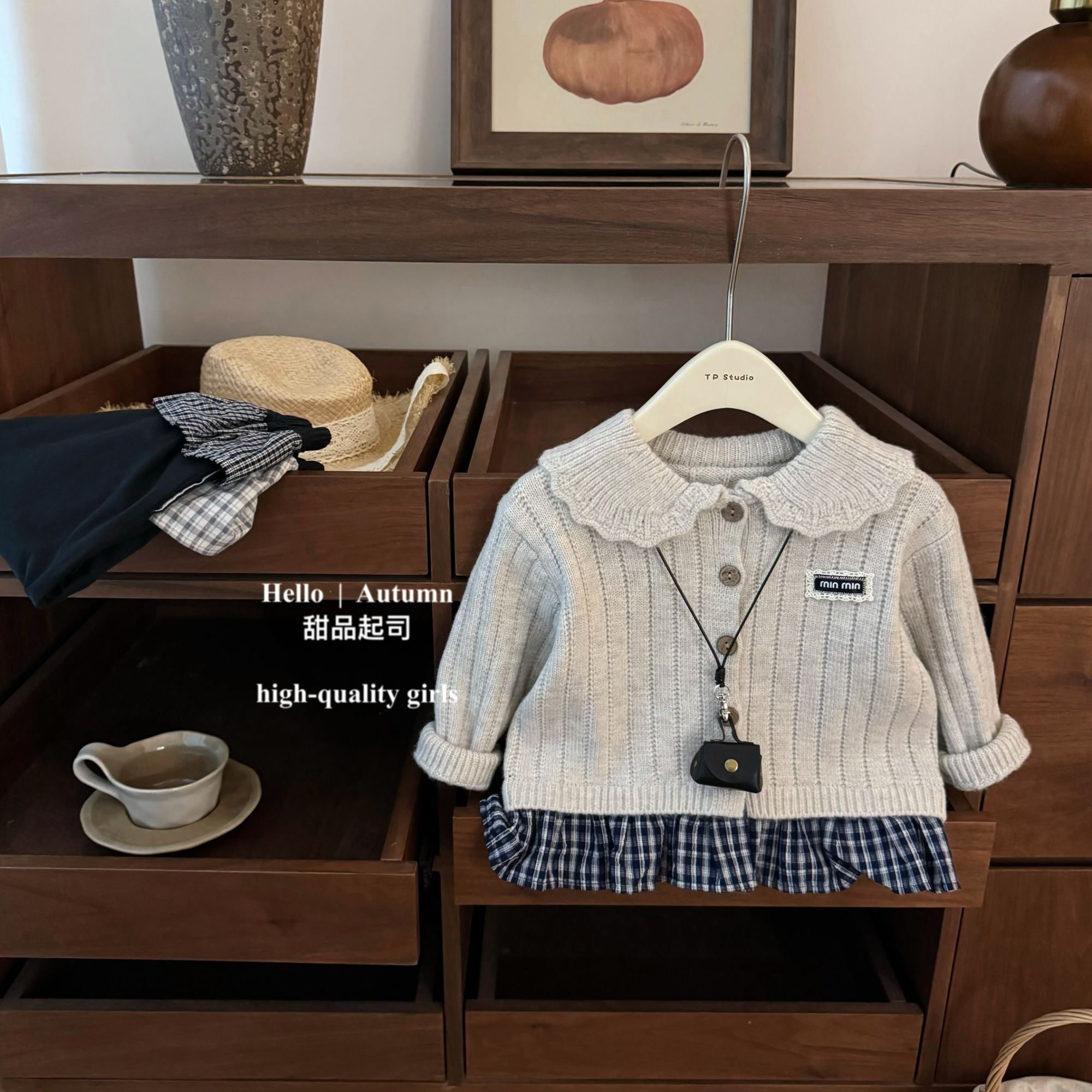 【甜品起司】miu系！女宝宝格子花边毛衣洋气翻领针织开衫外套装