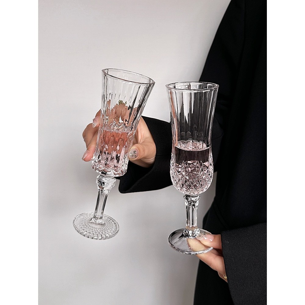 风网红餐厅复古浮雕刻花钻石玻璃高颜值高脚香槟杯喝酒果汁杯玻璃