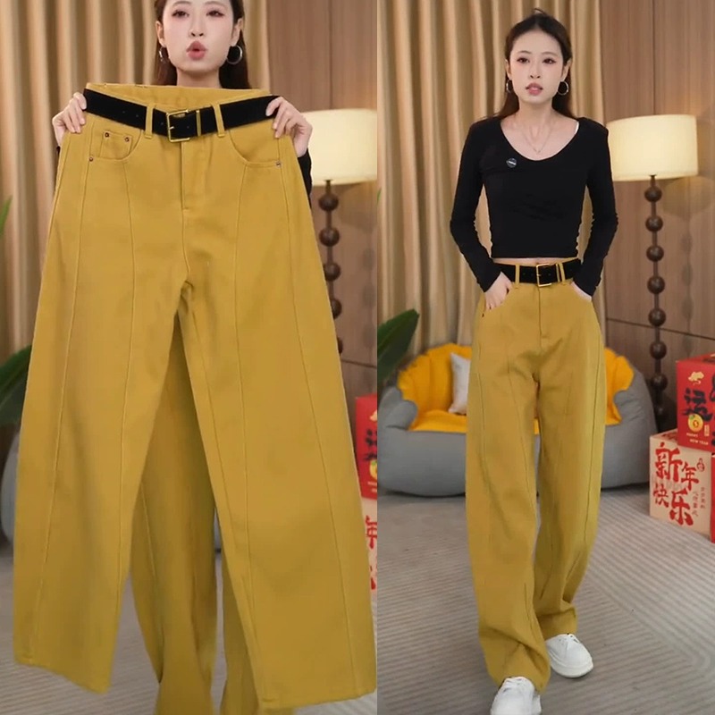 黄色弯刀牛仔裤女士2025年春秋装新款高腰梨型身材爆款阔腿香蕉裤