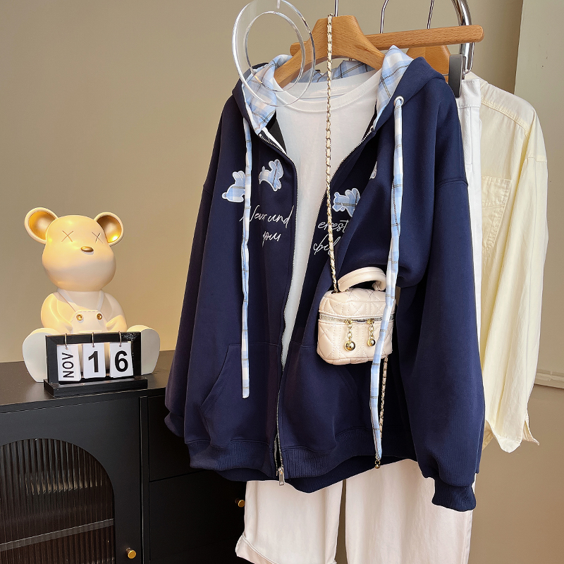 韩系慵懒风刺绣开衫连帽卫衣女秋冬新款穿搭超火减龄宽松休闲外套