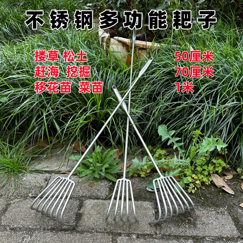 不锈钢一体钢柄小耙子园艺多爪耙松土耙子海鲜耙园林耙土蛤蜊工具