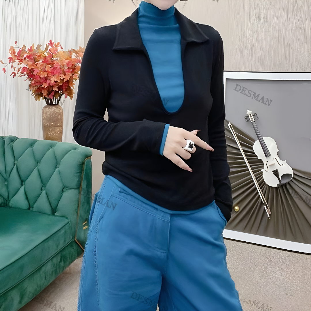 【美丽小衫】秋冬新款v领纯欲风常规T恤假两件常规款长袖休闲