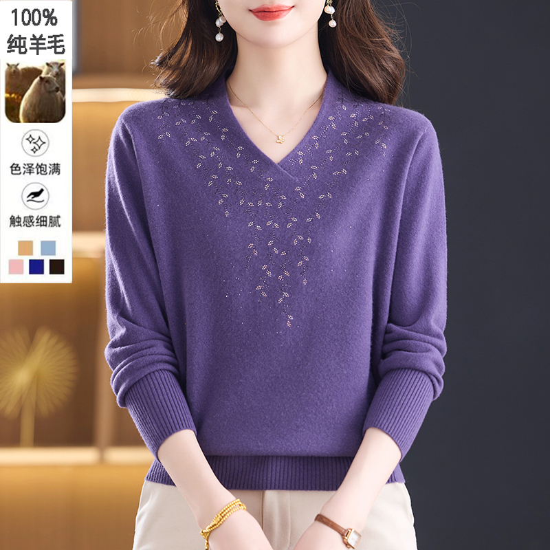 【100%绵羊毛】中老年女装V领毛衣秋冬小衫洋气上衣宽松针织打底衫