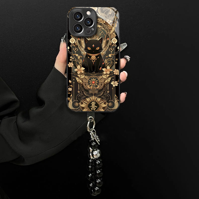 适用于苹果/oppo/华为/vivo/小米黄金万两猫咪电镀玻璃手链手机壳