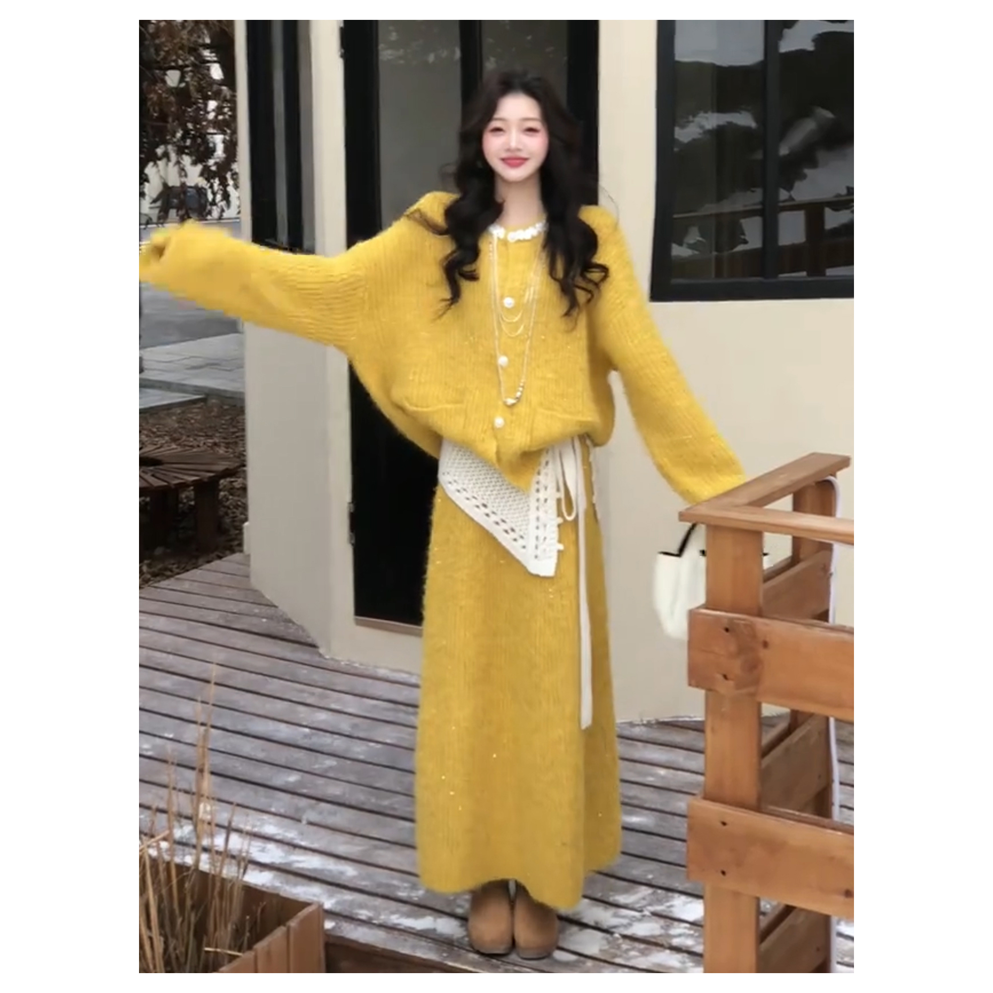 冬季氛围感一整套穿搭2025新款慵懒风毛衣开衫+针织半身裙两件套