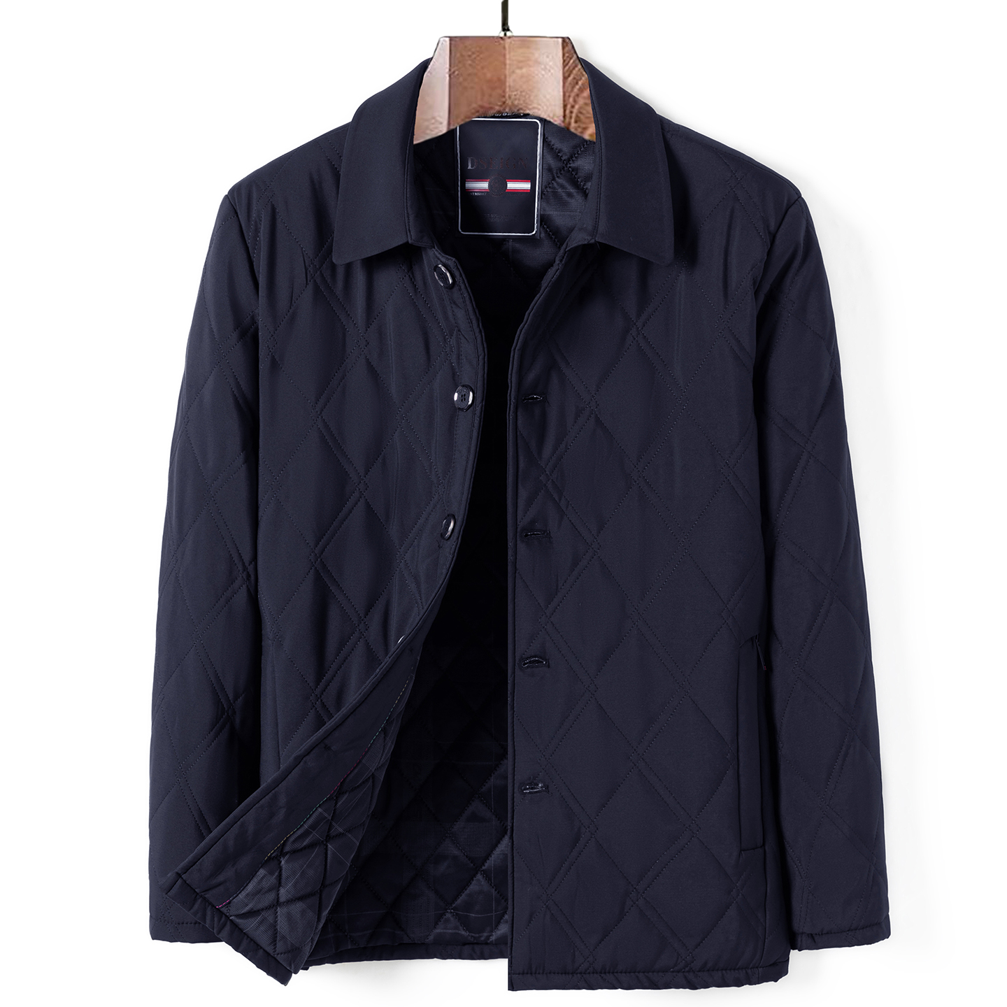 中老年男士商务休闲翻领舒适菱形格夹克衫爸爸装黑色排扣宽松外套