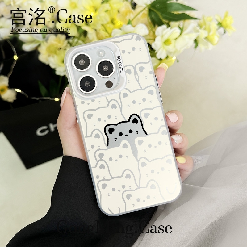 满屏白猫中黑猫彩银壳适用于iPhone苹果16手机壳华为oppo小米手机