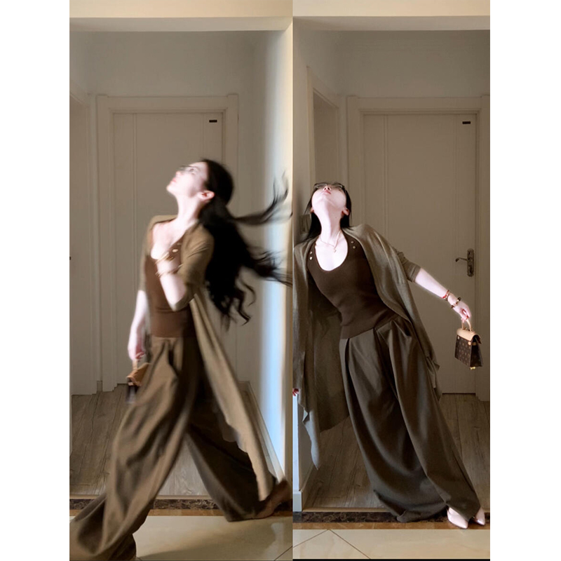 parkyeon慵懒风无袖吊带背心不规则开衫上衣宽松阔腿休闲裤套装女