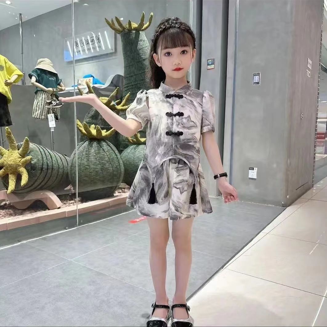 时髦套装夏款洋气中大童装女孩水墨画汉服两件套童装