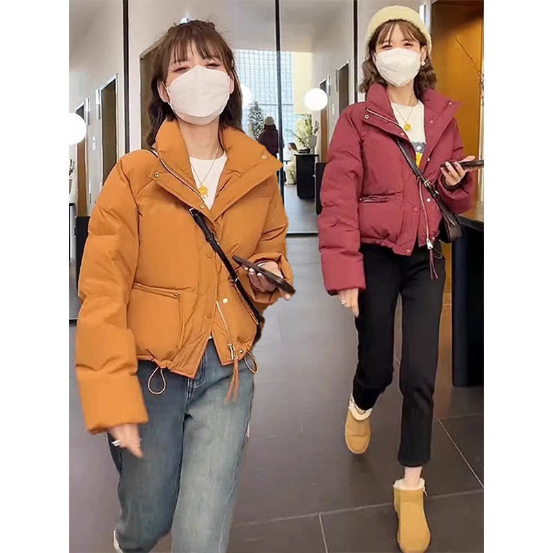 今年流行纯色立领棉袄女2025年新款抽绳设计加厚保暖面包棉服外套