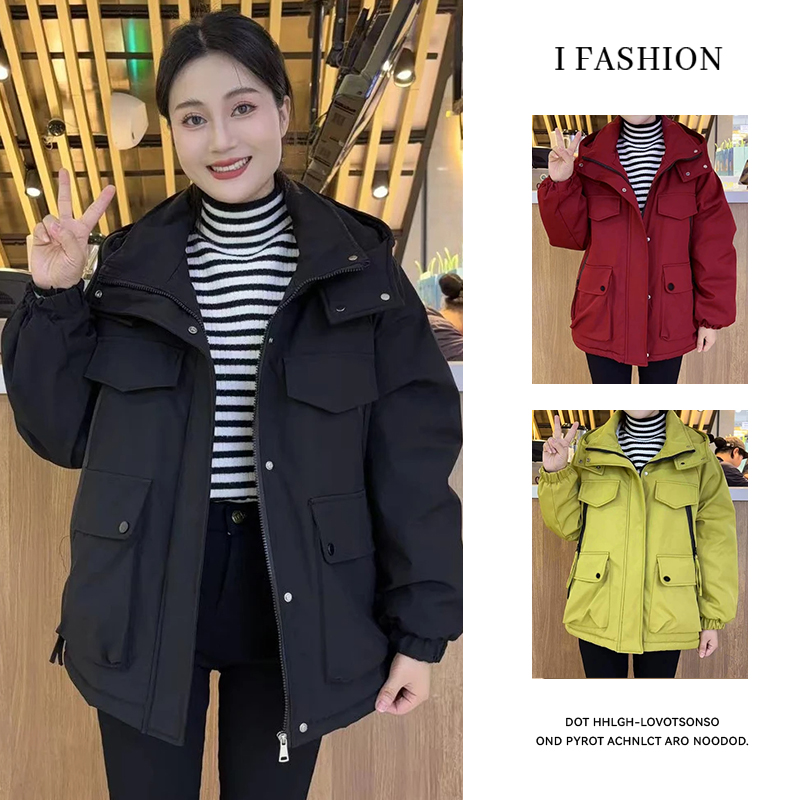 休闲减龄连帽加绒加厚棉服女2025年冬季新款韩版时尚宽松工装外套