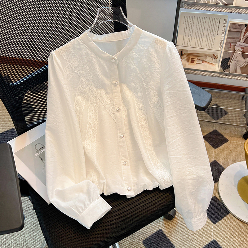 La Chapelle/拉夏贝尔 法式白色衬衫女春夏蕾丝花边长袖小衫上衣