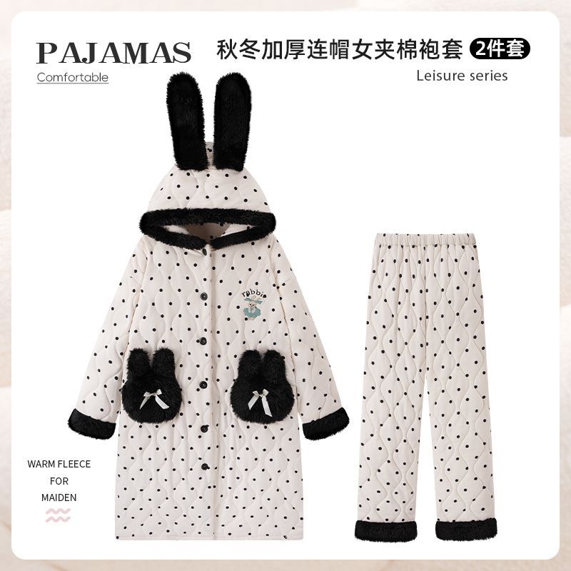 三层夹棉2025年冬季珊瑚绒睡袍女款海岛绒波点加绒加厚家居服套装