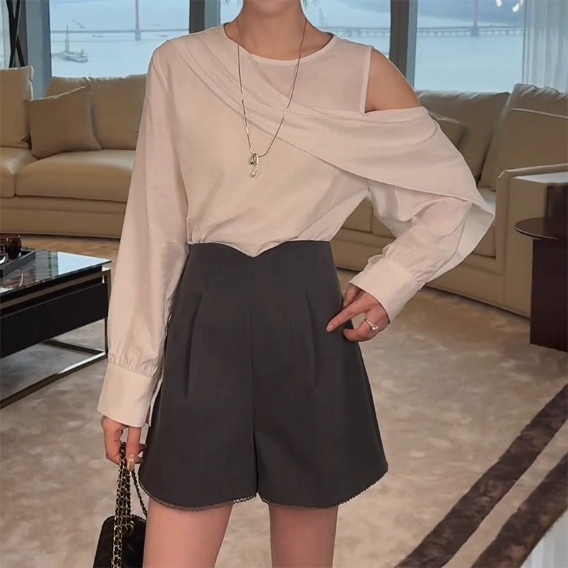 韩系洋气别致绝美上衣秋季新款胖MM大码女装小众露肩宽松显瘦衬衫