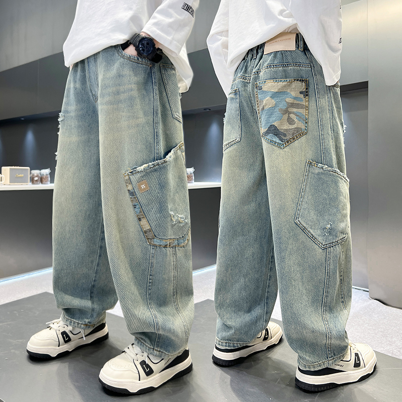 男童裤子秋冬款牛仔裤2025新款儿童加绒工装裤大童男孩冬季长裤潮