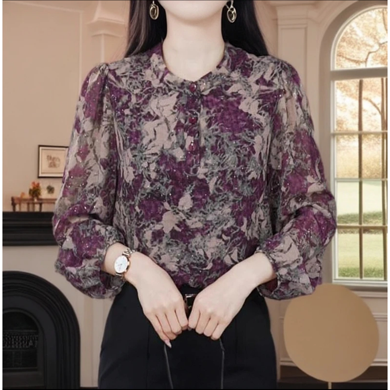 2025年初秋款女修身型圆领碎花常规气质衬衫印花时尚上衣女装780
