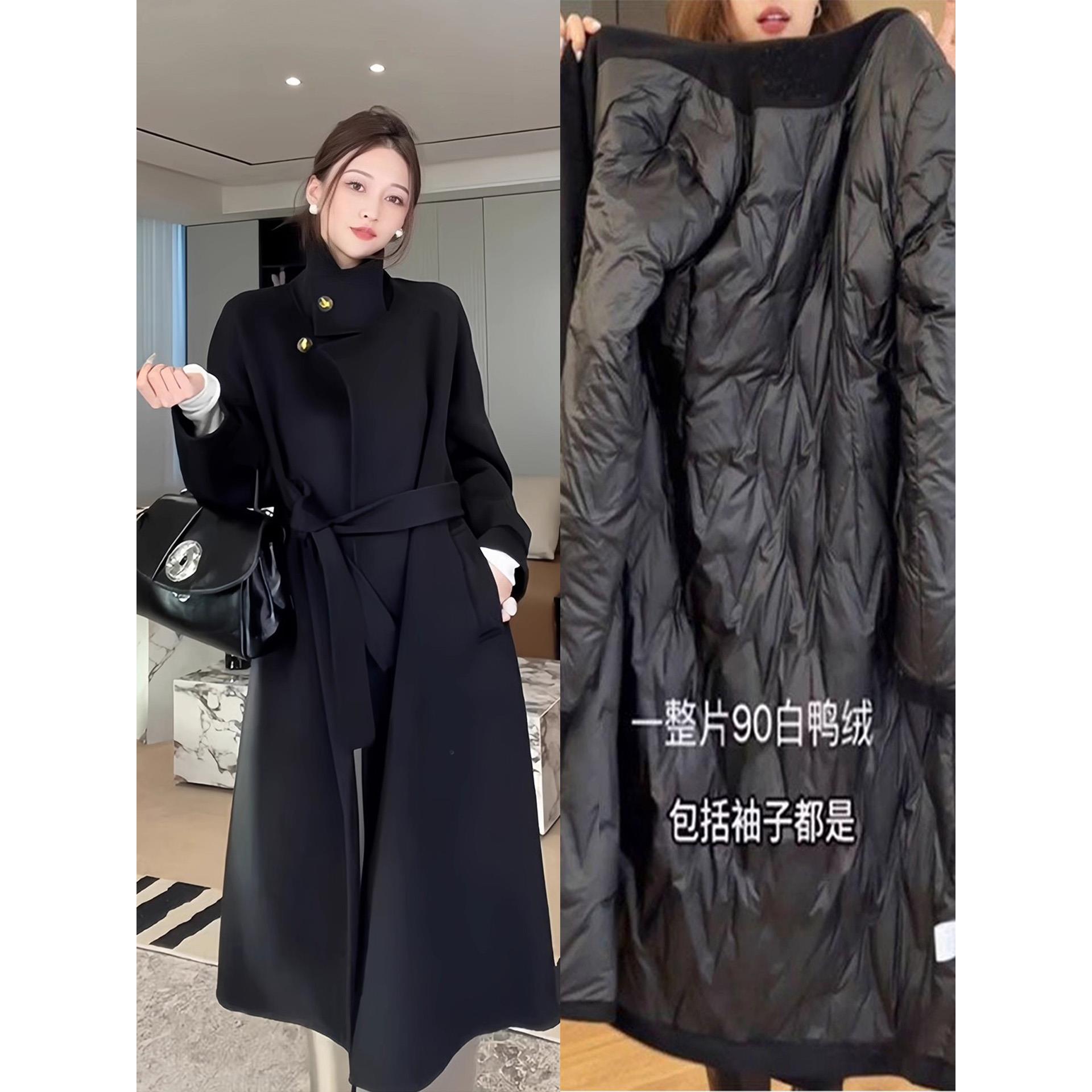 上说时尚黑色内胆毛呢外套女中长款2025秋冬季新款加厚赫本风呢子