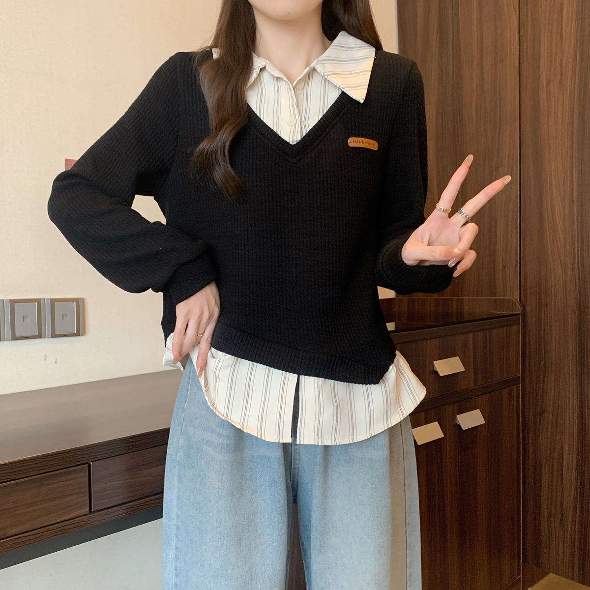 MZ63800大码MM女装秋冬不规则针织衫拼接上衣假两件衬衫长袖卫衣