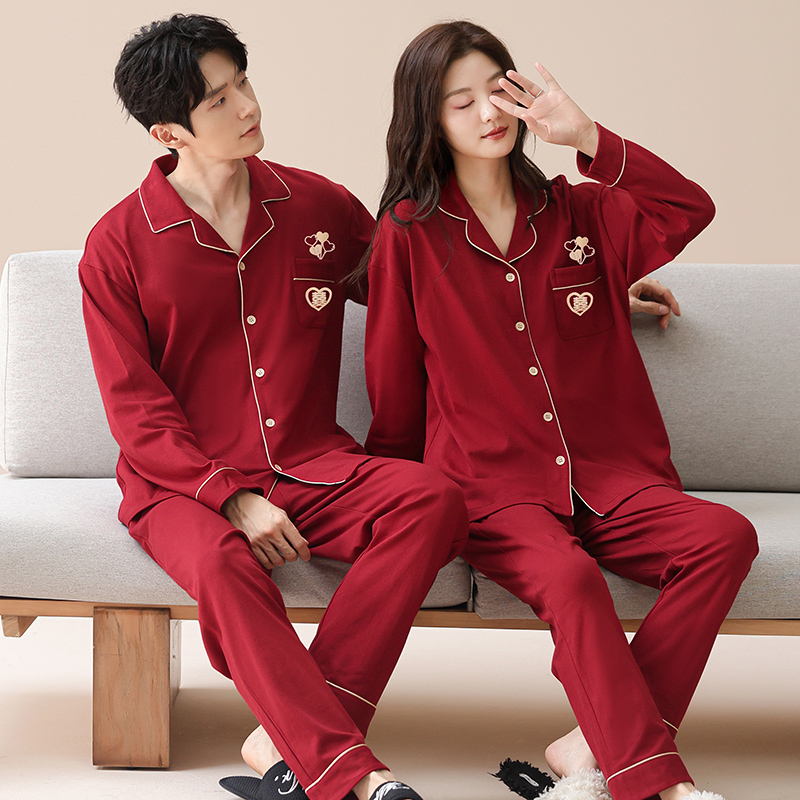 2套价 结婚睡衣新婚情侣套装春秋季100%纯棉长袖喜庆红色家居服冬