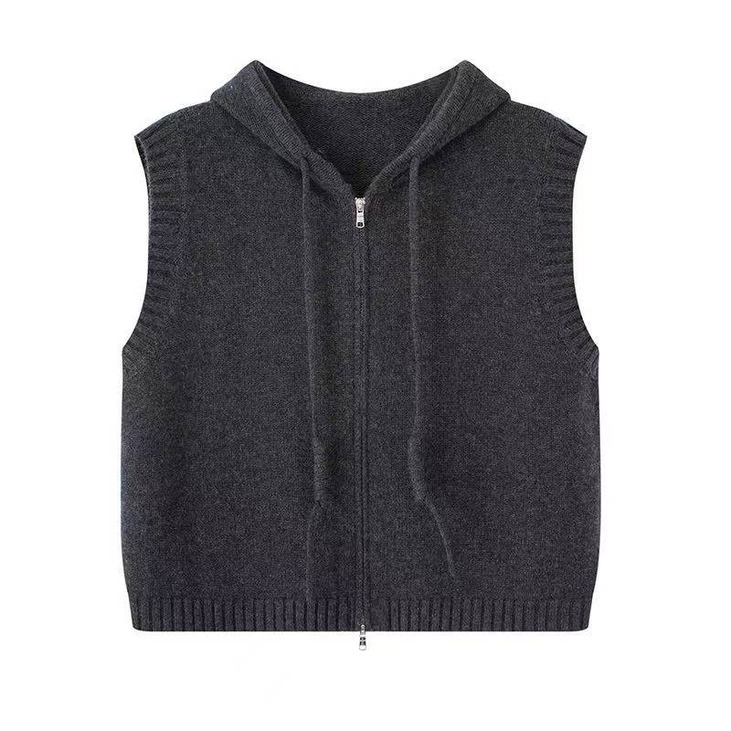 艾家2025秋季新款休闲百搭连帽针织衫马夹外套女3110