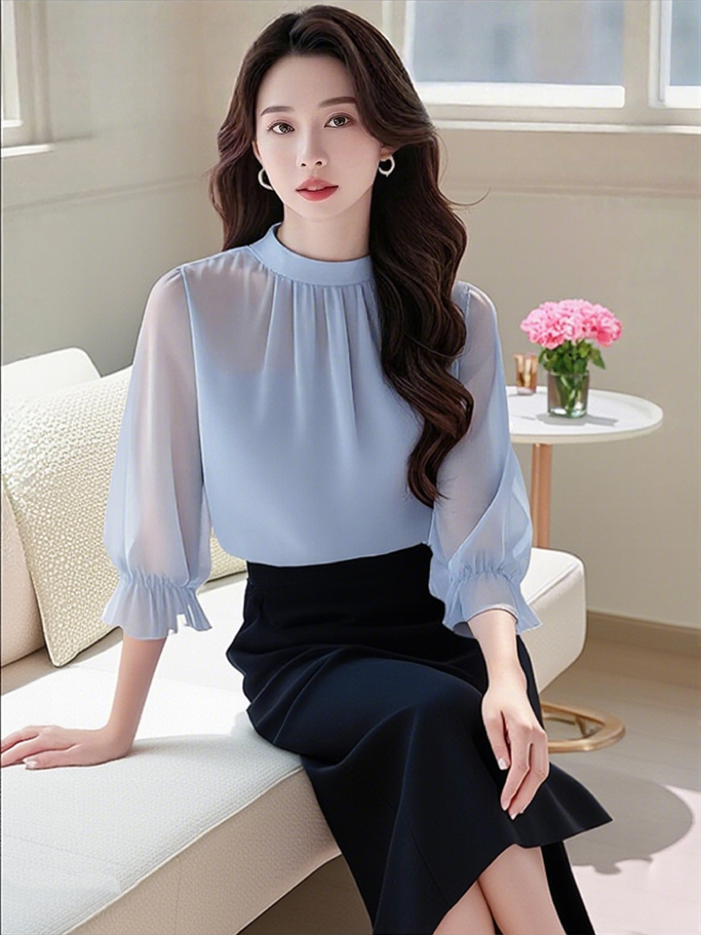 SS952蓝色衬衫气质洋气上衣中袖女2025夏季设计感小众优雅衬衣