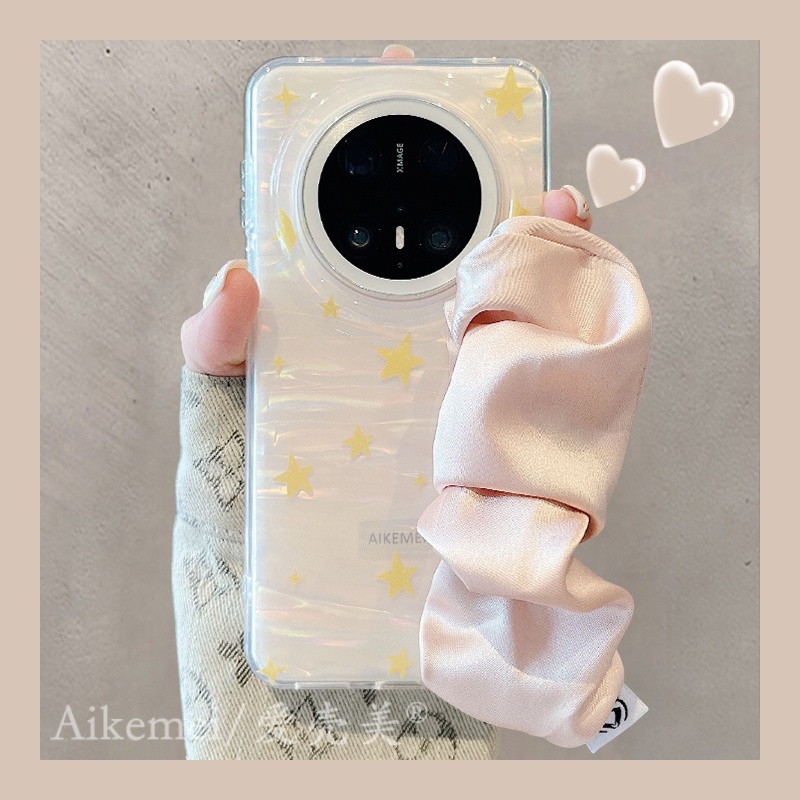 适用华为mate70pro+手机壳贝壳纹黄色星星Mate60pro+褶皱丝巾腕带