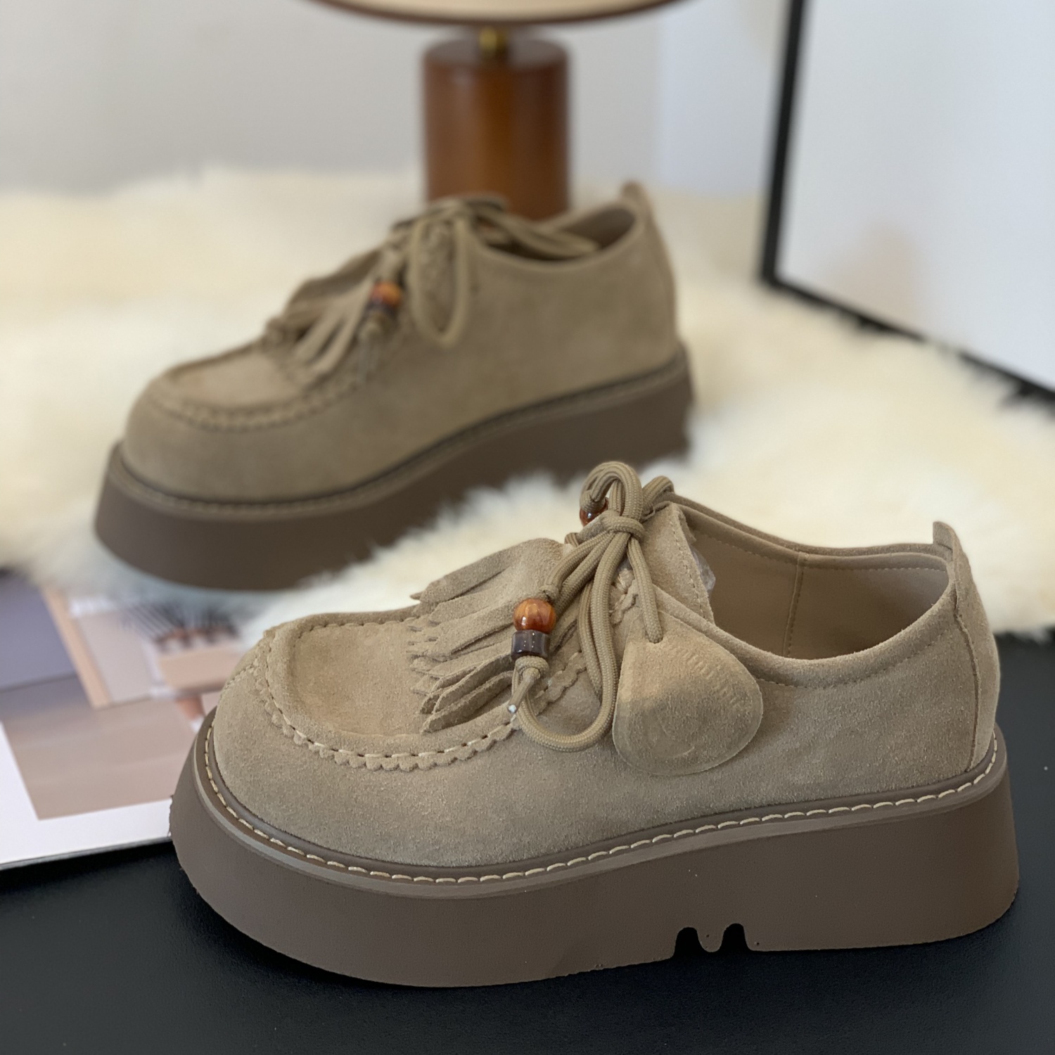 复古圆头系带乐福鞋女2025年秋季新款英伦风厚底百搭小个子勃肯鞋