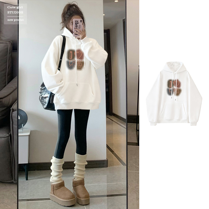 2025新款秋冬白色卫衣女爆款加绒时尚洋气宽松加厚连帽中长款上衣