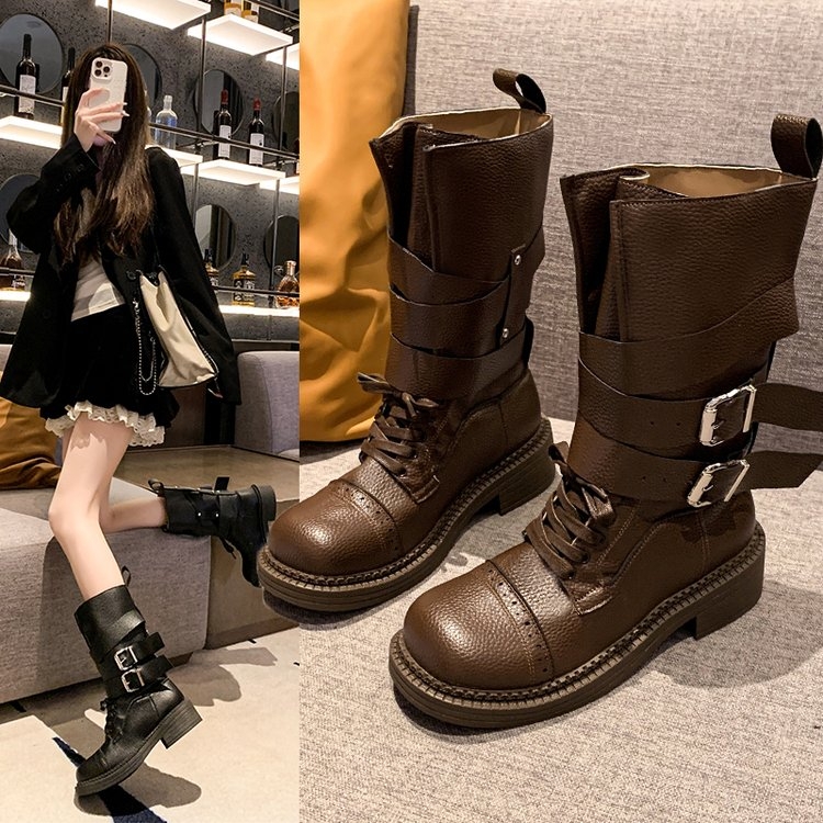 秋季骑士网红厚底粗跟时装靴复古小个子短靴子筒靴百搭中筒秋冬