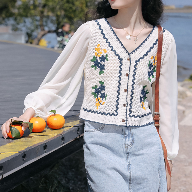 2025法式刺绣V领雪纺泡泡袖上衣女士港风别致设计感小众衬衫上衣