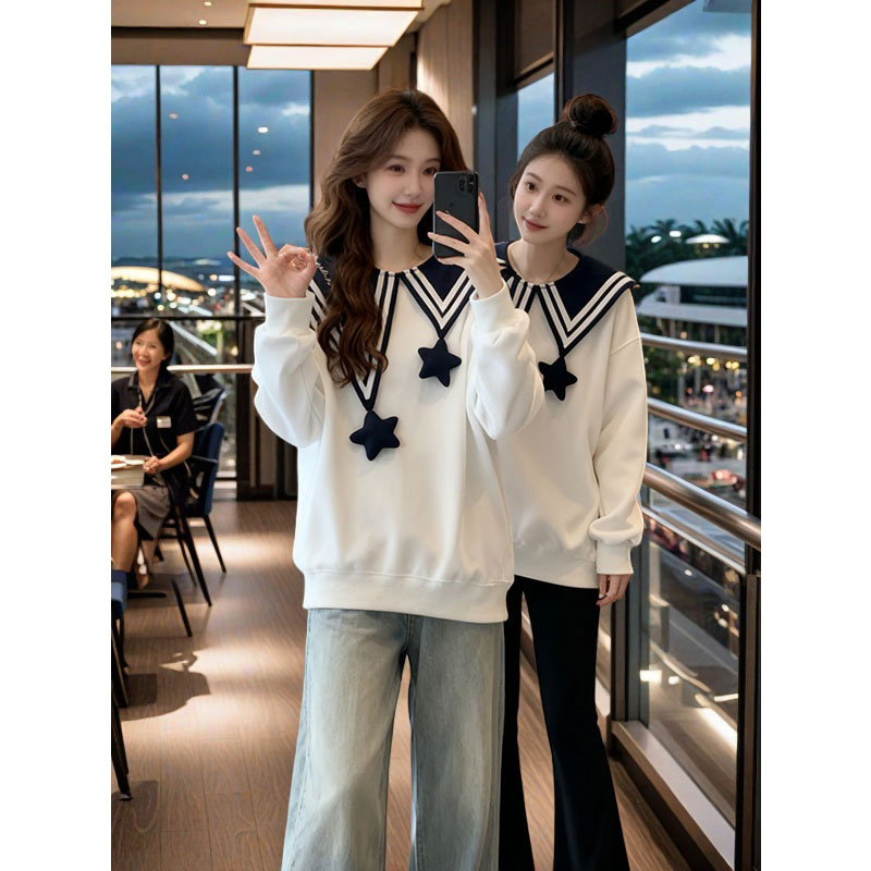 加大码出游季学院风海军领薄款加绒绒卫衣女宽松减龄小众韩版上衣
