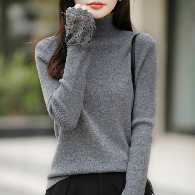 品牌女装秋冬新款袖口钩花高领内搭针织衫时尚休闲打底衫毛衣女